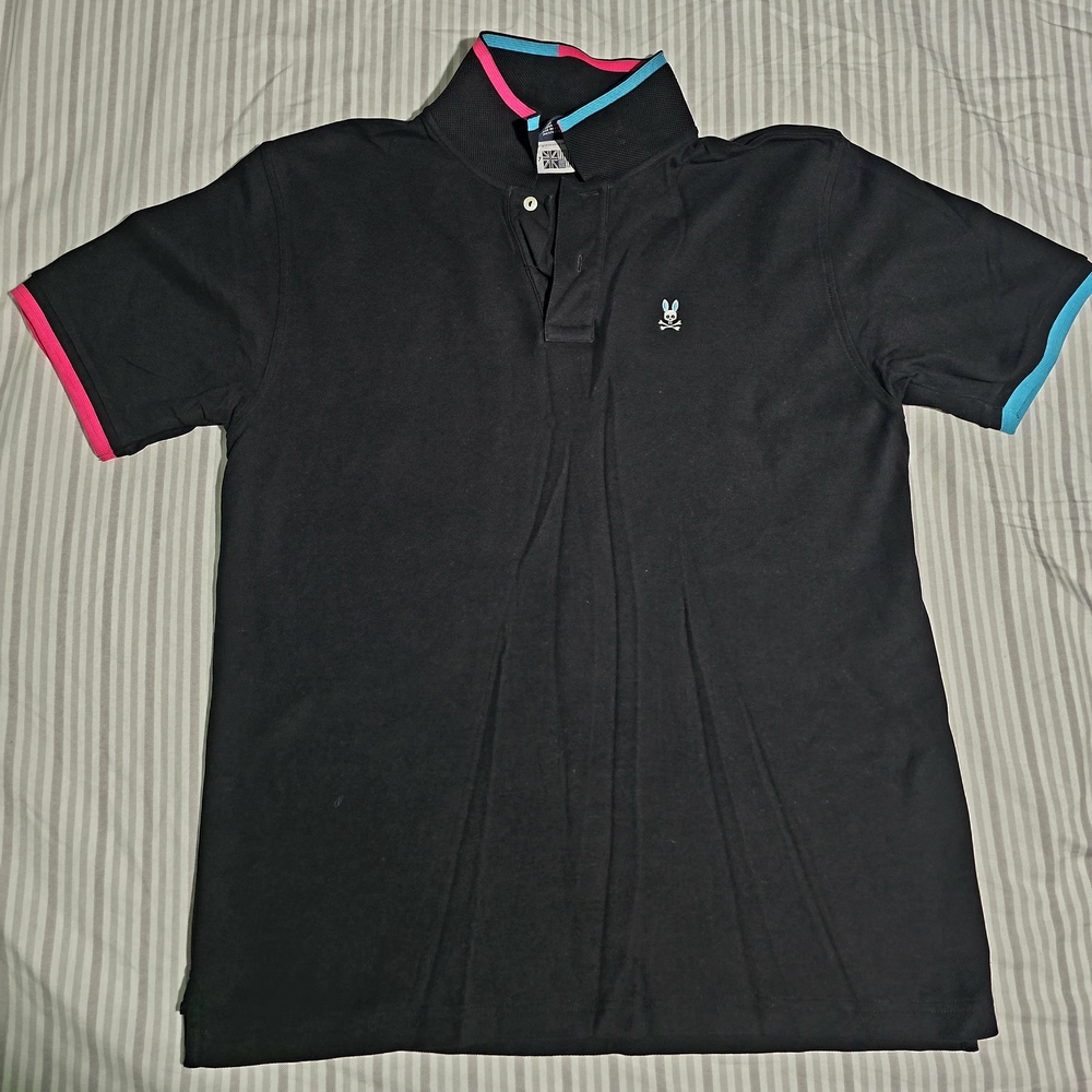 Men's Black Polo Shirt with Pink and Blue Accents